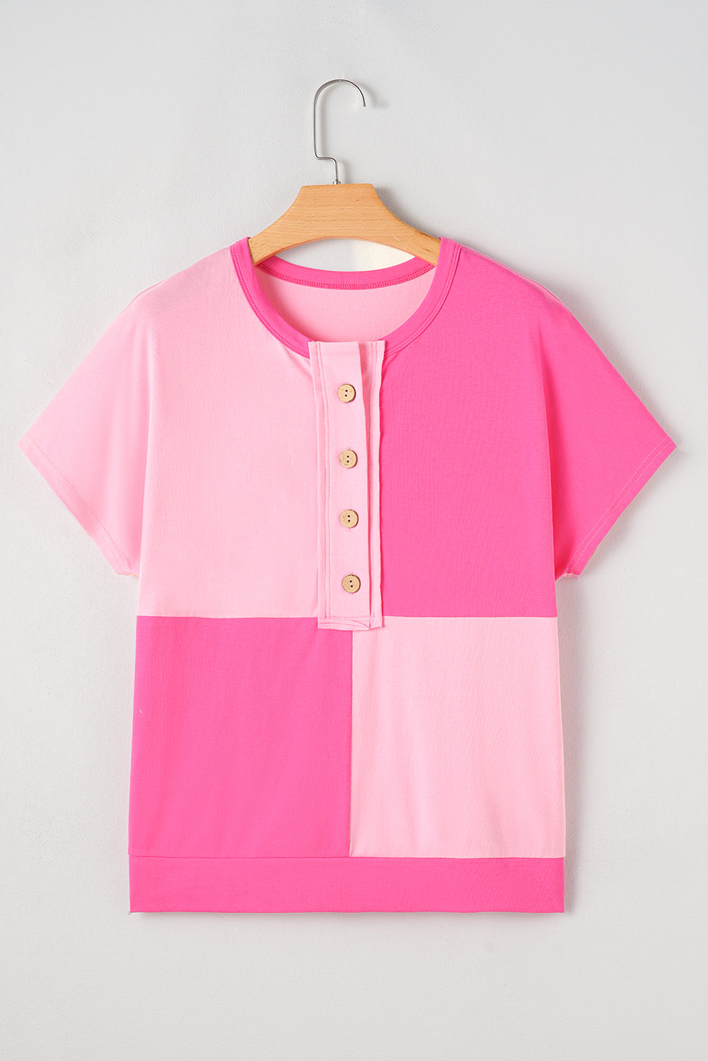 Pink Colorblock Half Buttons Henley T Shirt