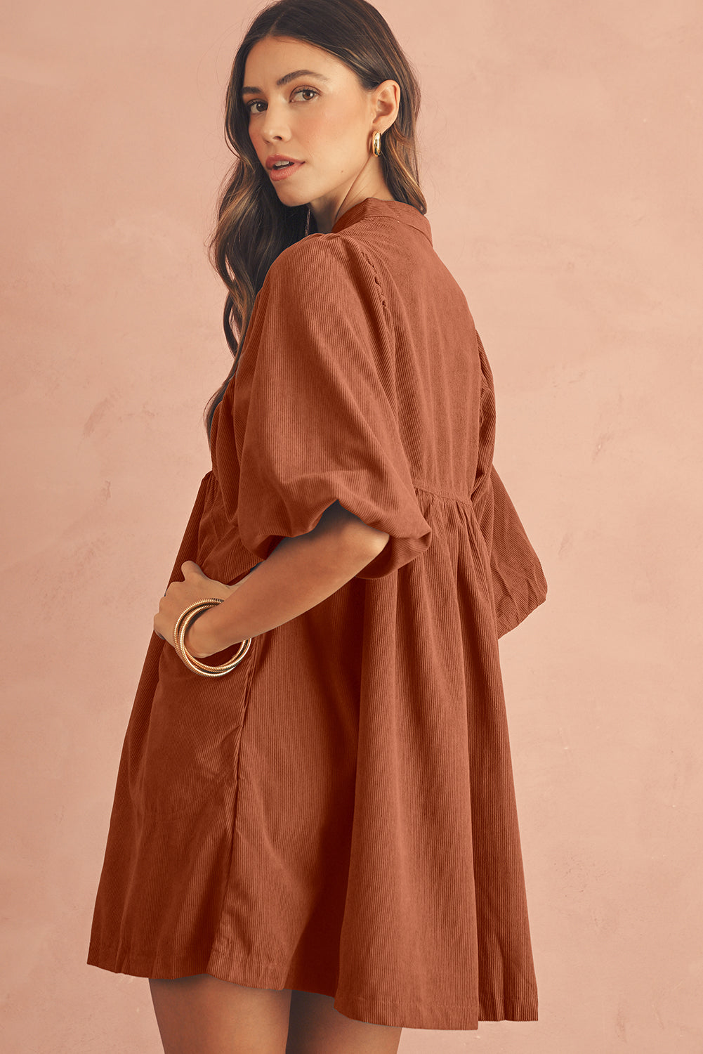 Lilly Snap Button Empire Waist Lantern Sleeve Corduroy Dress