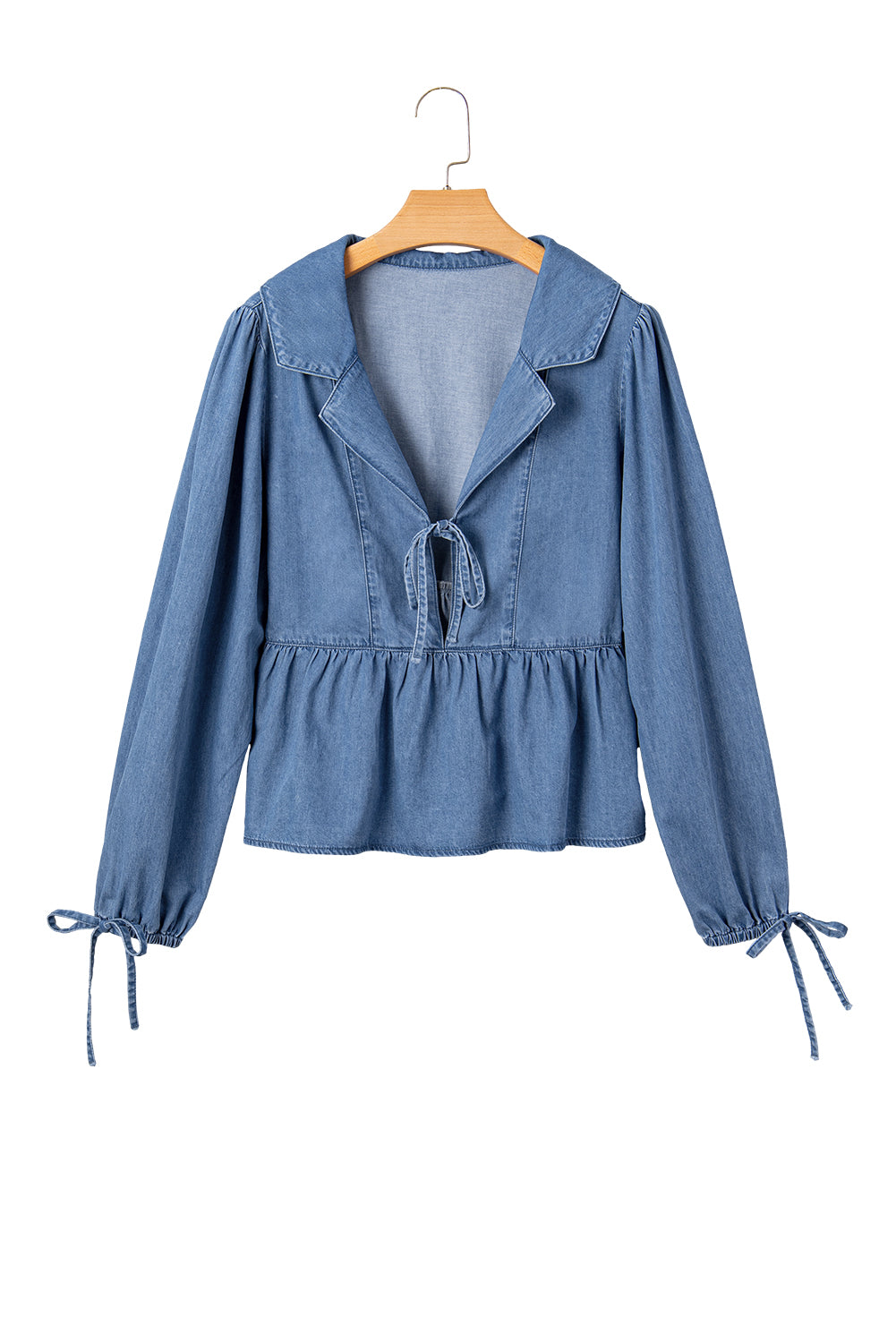 Deidra Blue Denim Lapel Neck Balloon Sleeve Tied Peplum Top
