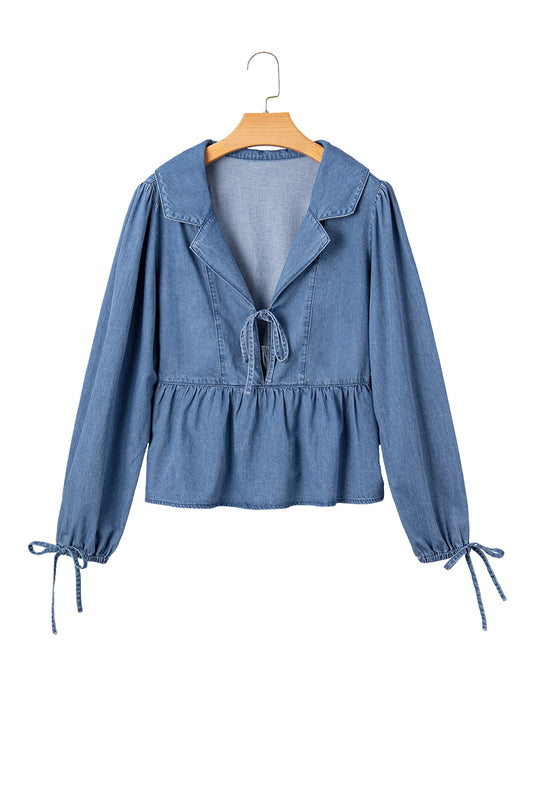 Deidra Blue Denim Lapel Neck Balloon Sleeve Tied Peplum Top