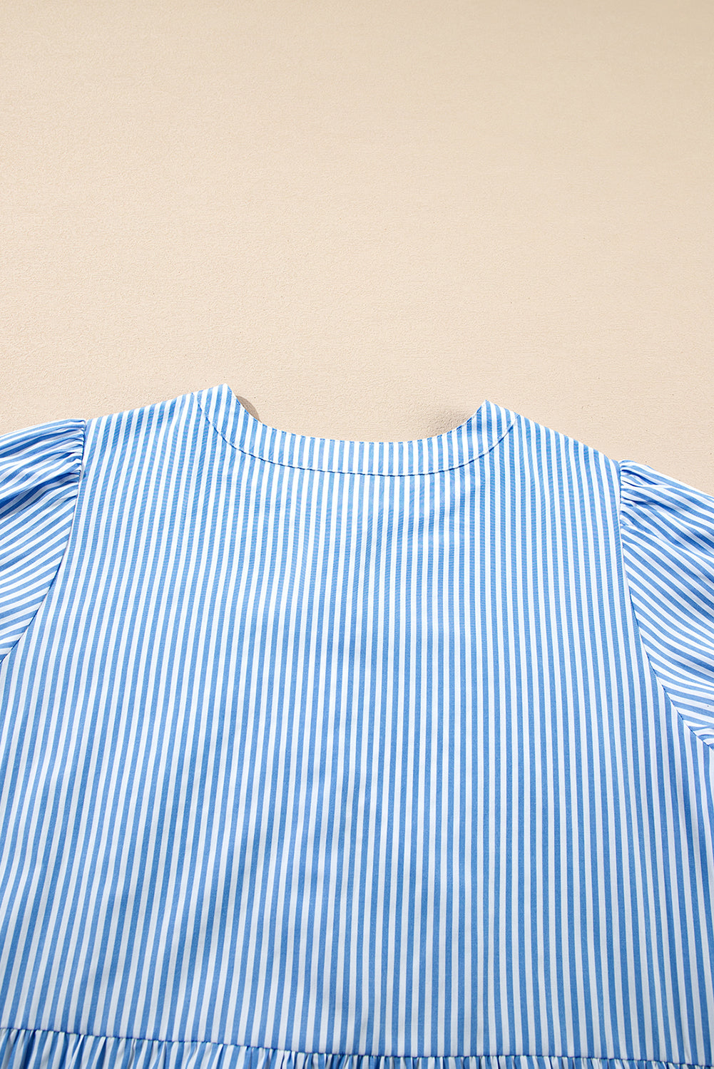 Sky Blue Stripe Bubble Sleeve Scallop Tiered Dress