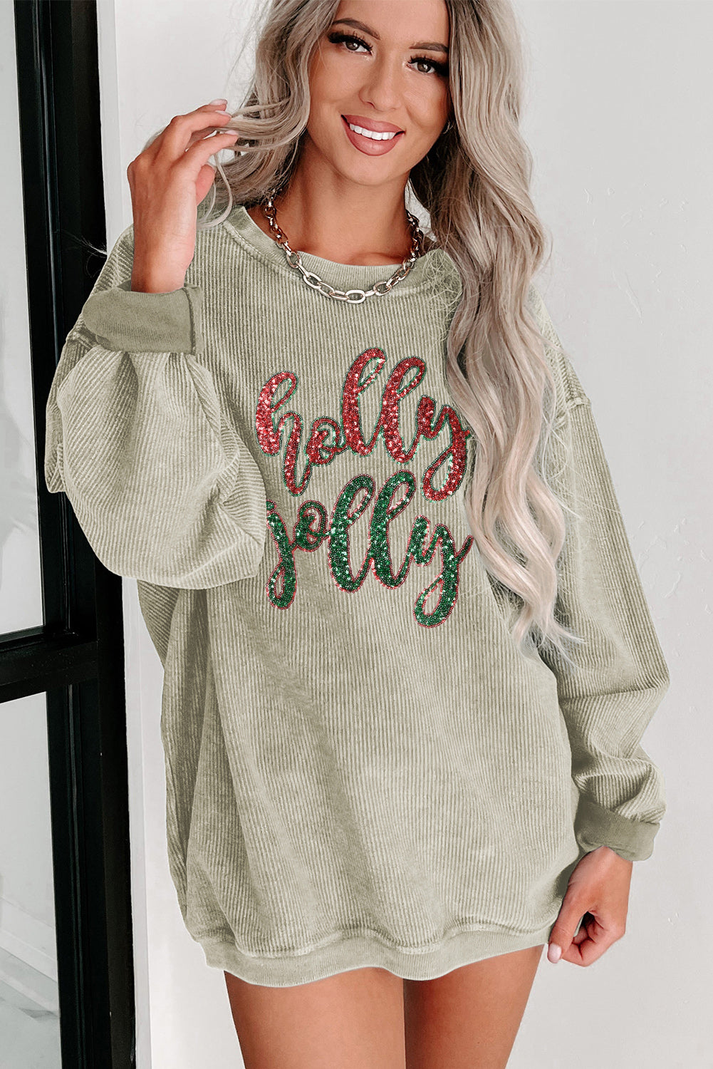 Green Sequin holly jolly Letter Patch Application Corded Sweatshirt