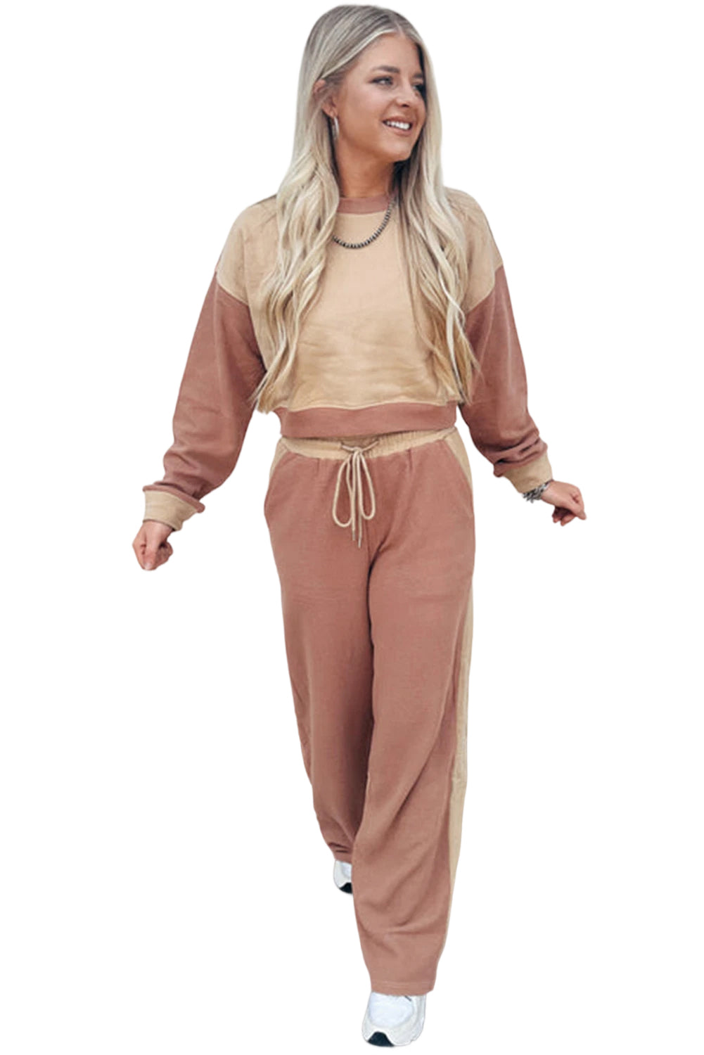Khaki Color Block Long Sleeve Crop Top Drawstring Pant Set