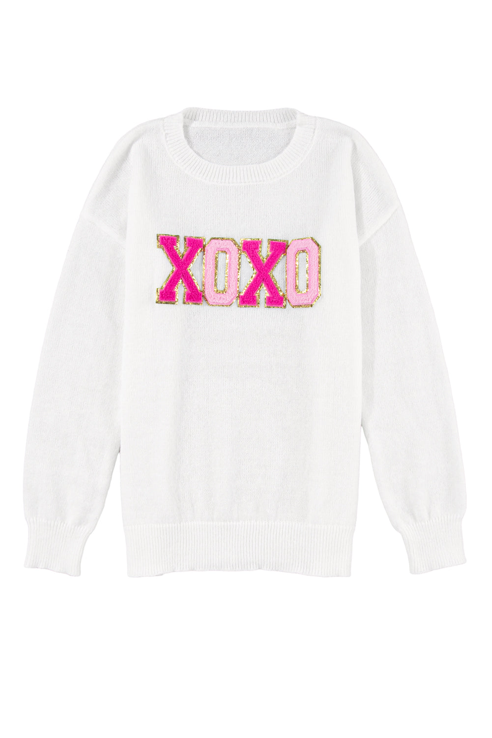 White XOXO Chenille Letter Round Neck Casual Sweater