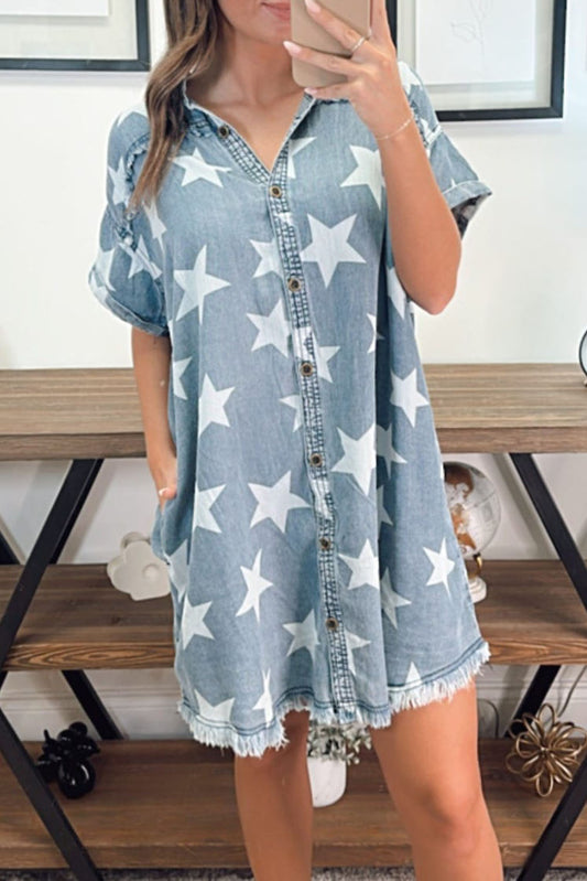 Sky Blue Star Print Frayed Hem Buttoned Denim Mini Dress