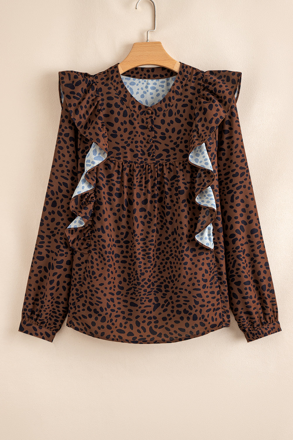 Becca Leopard Print Ruffle Puff Sleeve Blouse