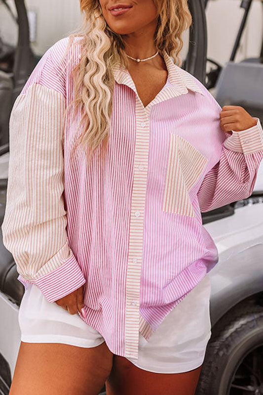 Pink Striped Patchwork Pocket Plus Size Shirt