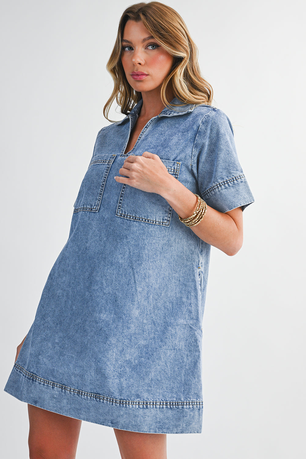 Destiny Short Sleeve Collared Chest Pocket Denim Mini Dress