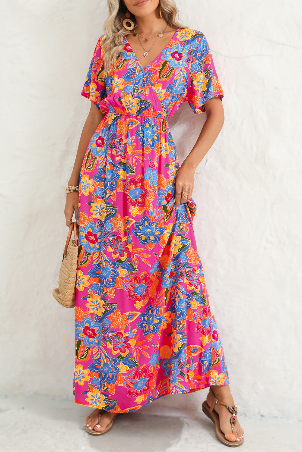 Aubrey Abstract Print Wrap V Neck Flutter Sleeve Mid Length Summer Dress