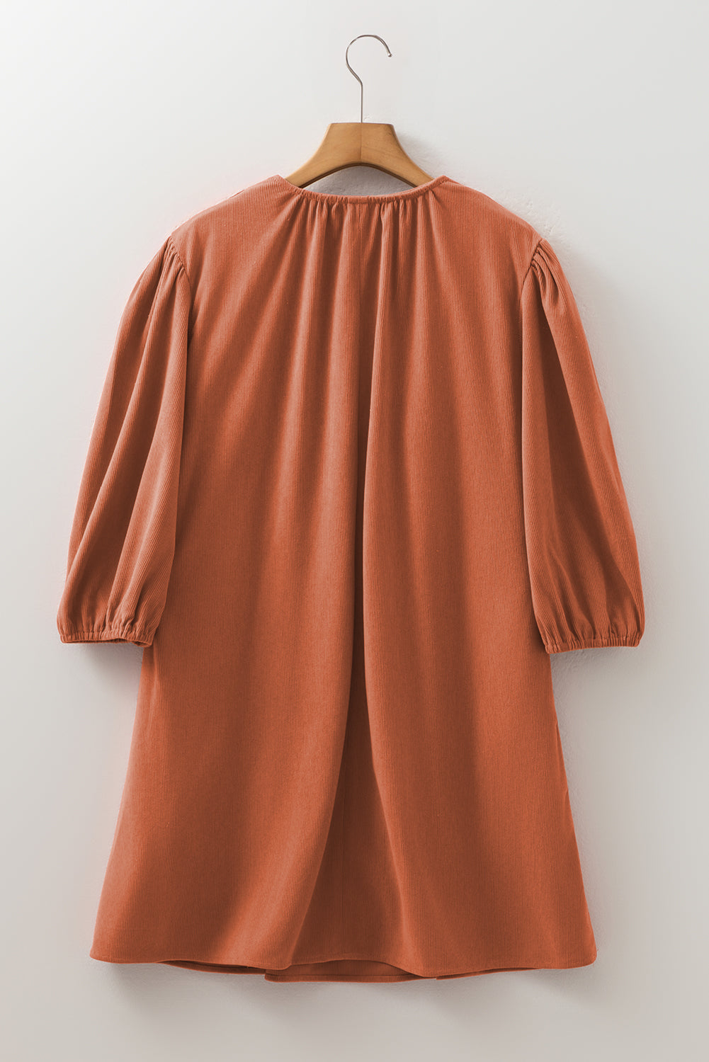 Cinnamon Split Neck Scallop Detail Pleated Corduroy Mini Dress