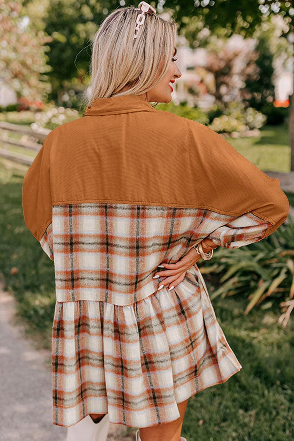 Khaki Plaid Colorblock Patchwork Ruffle Hem Tunic Shirt Dress
