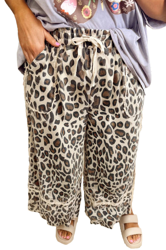 Korie Exposed Seam Patched Pocket (Plus)Size Leopard Wide Leg Pants