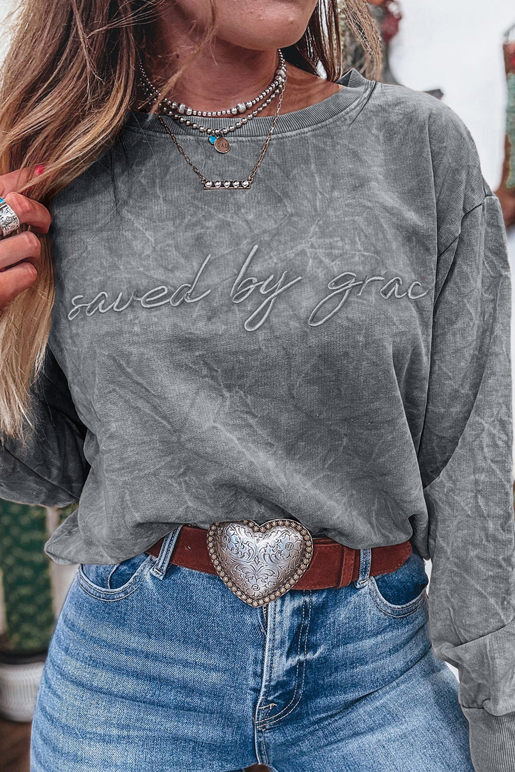 Sea Green  saved by grace Letter Embroidery Mineral Wash Loose Sweatshirt