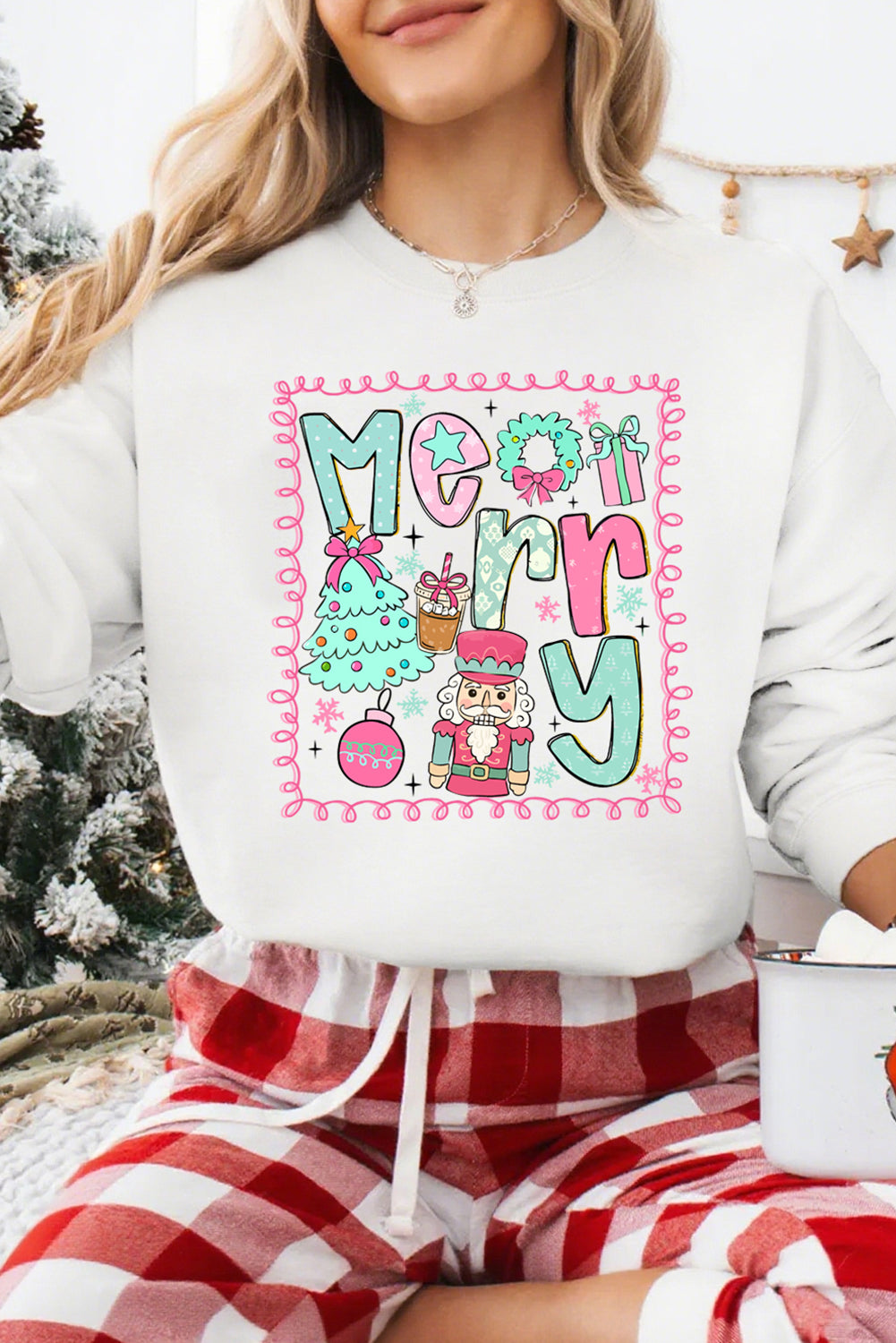 White Merry Christmas Fashion Graphic Heat Transfer Printing Cotton Blend Sweatshirt