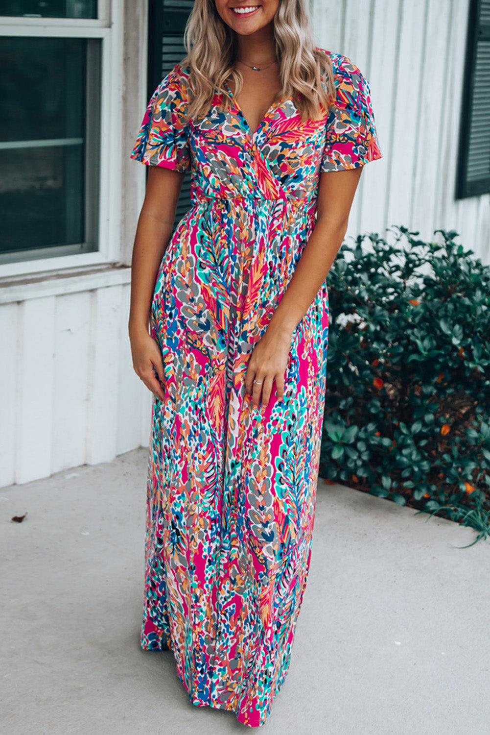 Aubrey Abstract Print Wrap V Neck Flutter Sleeve Mid Length Summer Dress