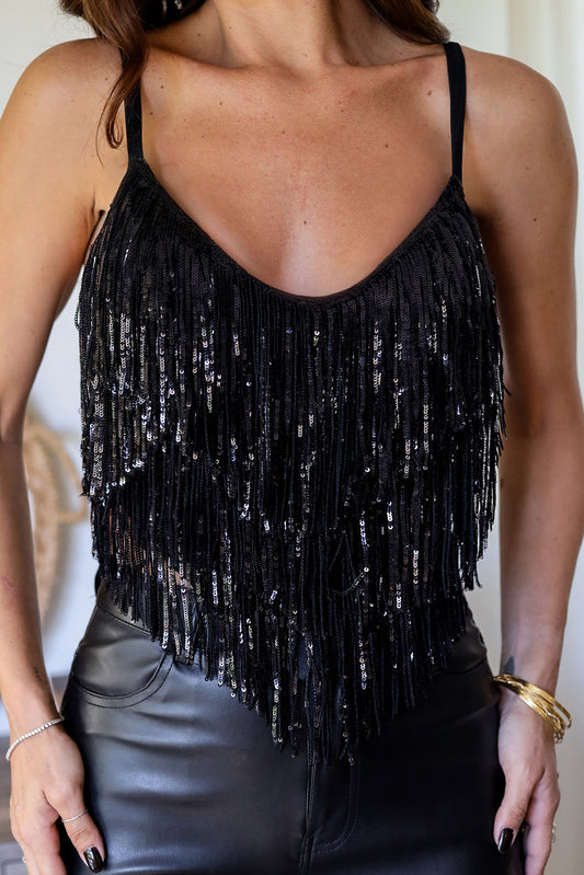 Wholesale Black Sequin Tassel Adjustable Straps Crop Cami Top