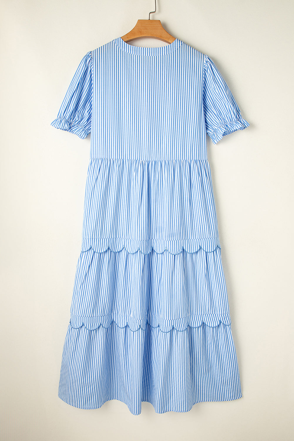 Sky Blue Stripe Bubble Sleeve Scallop Tiered Dress