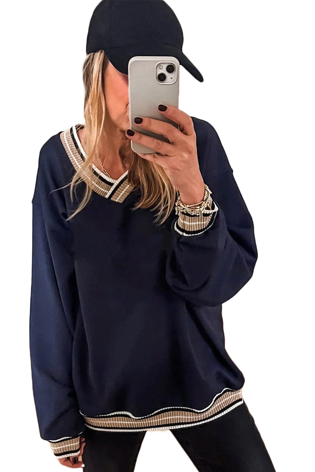 Parchment Varsity Contrast Trim V Neck Sweatshirt