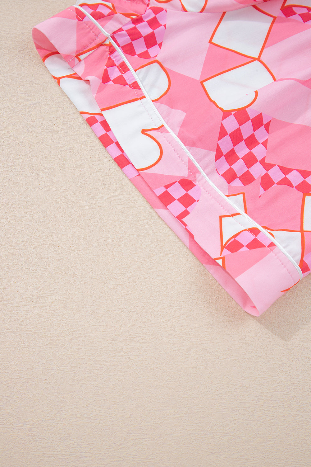 Pink Heart Print Shirt Style Silky Short Pajama Set