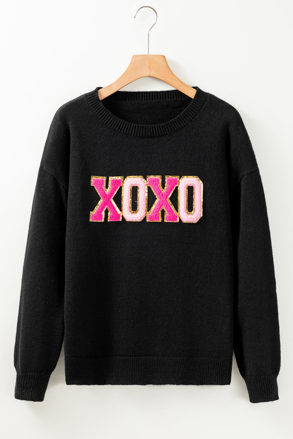 White XOXO Chenille Letter Round Neck Casual Sweater