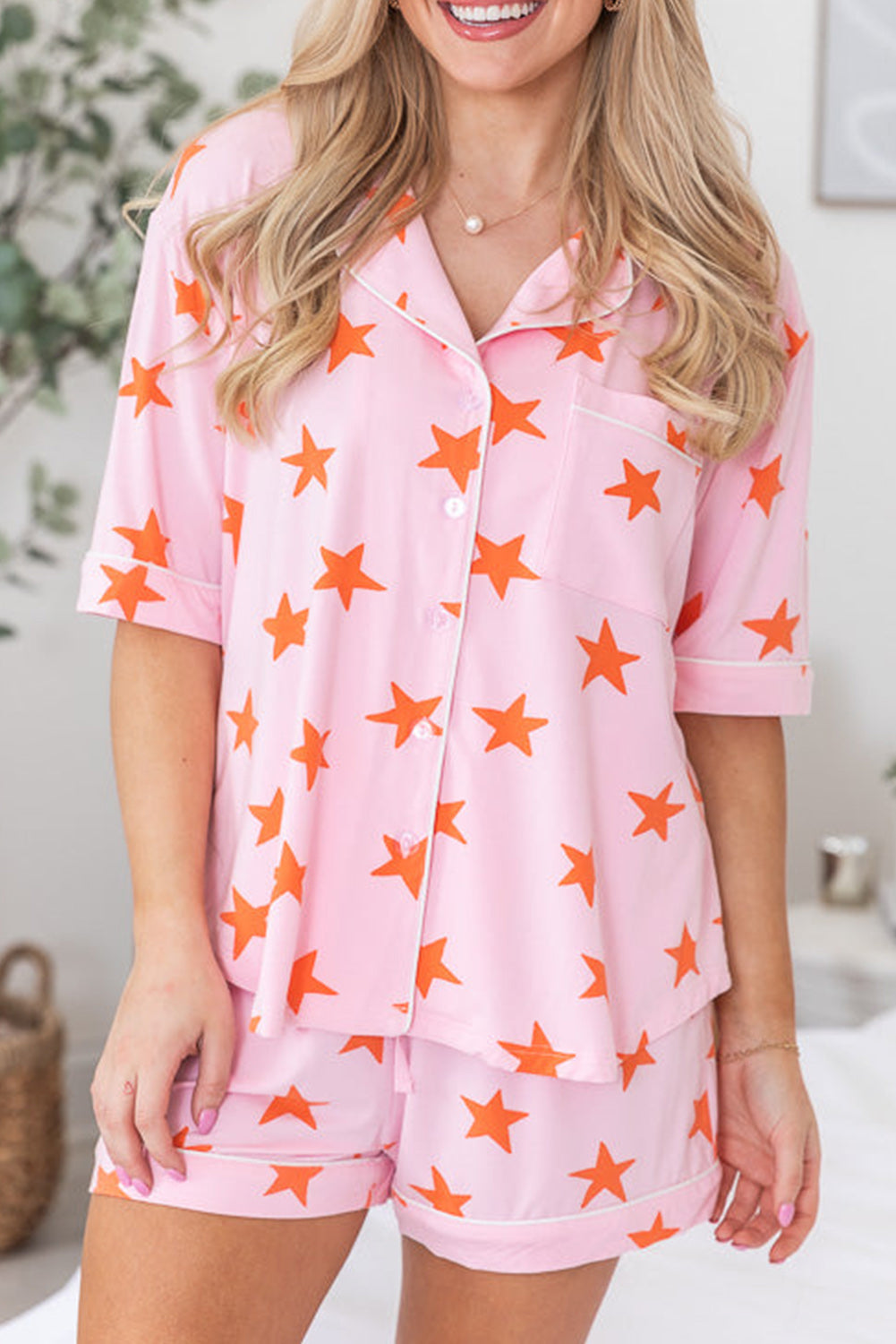 Pink Stars Short Sleeve Shirt and Shorts Pajama Set