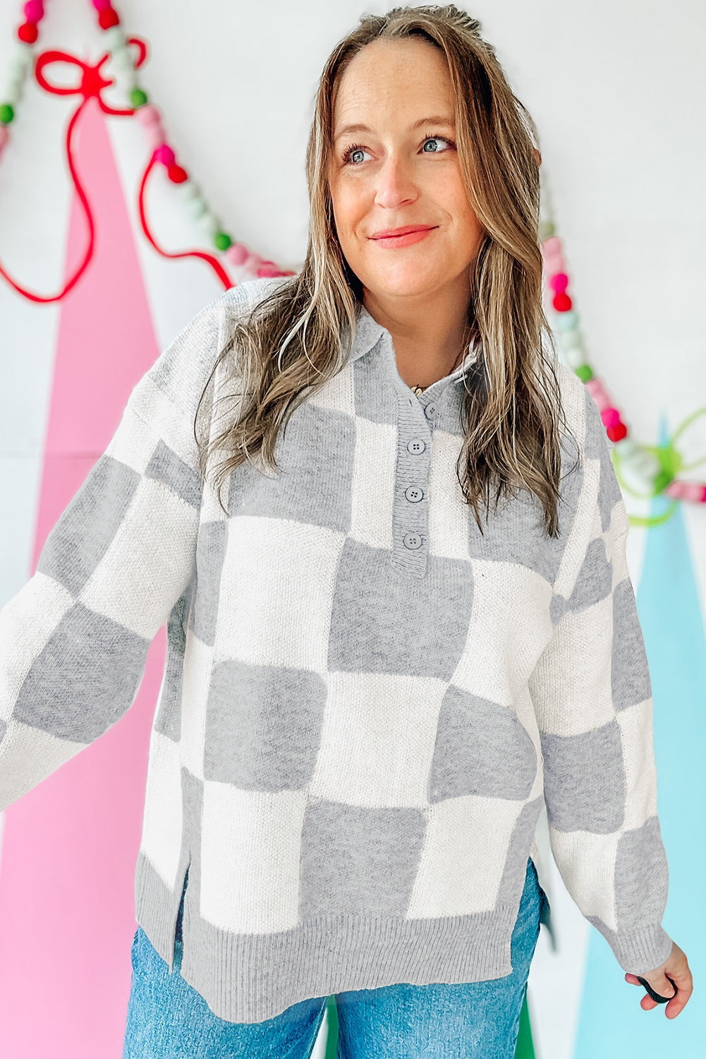 Gray Plus Size Checkered Pattern Button Polo Collar Split Sweater