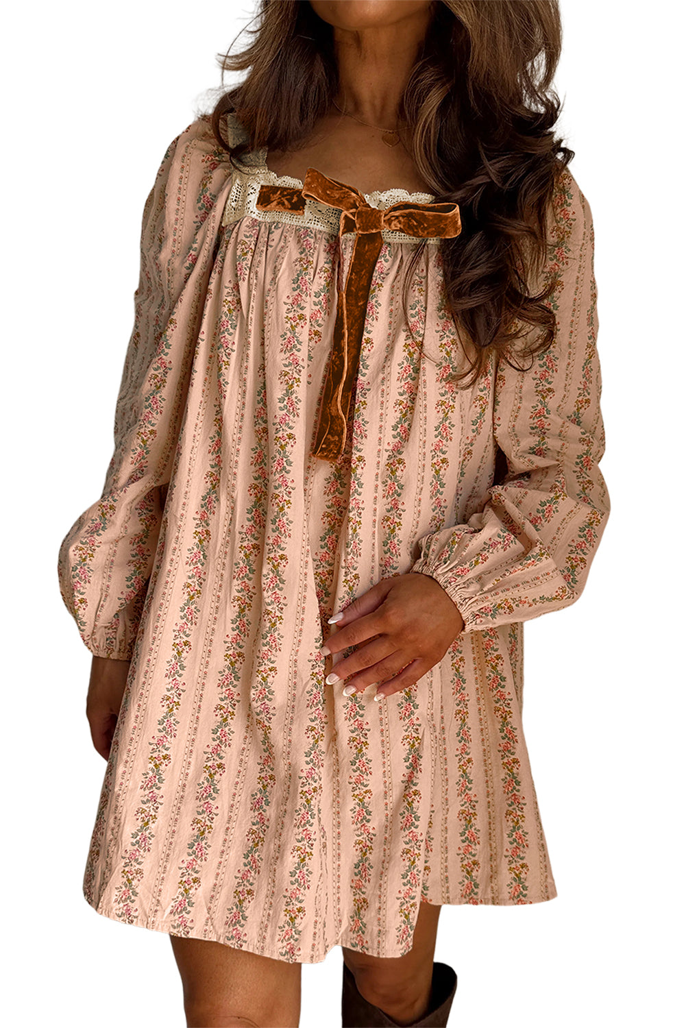 Vivian Velvet Bow Front Floral  Dress