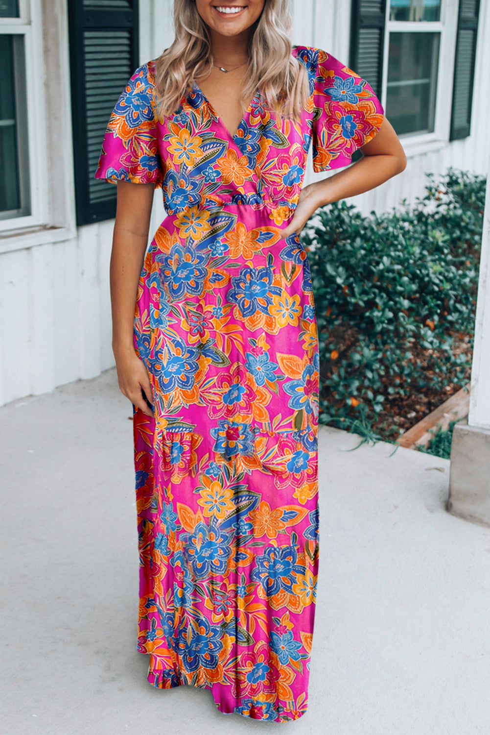 Aubrey Abstract Print Wrap V Neck Flutter Sleeve Mid Length Summer Dress