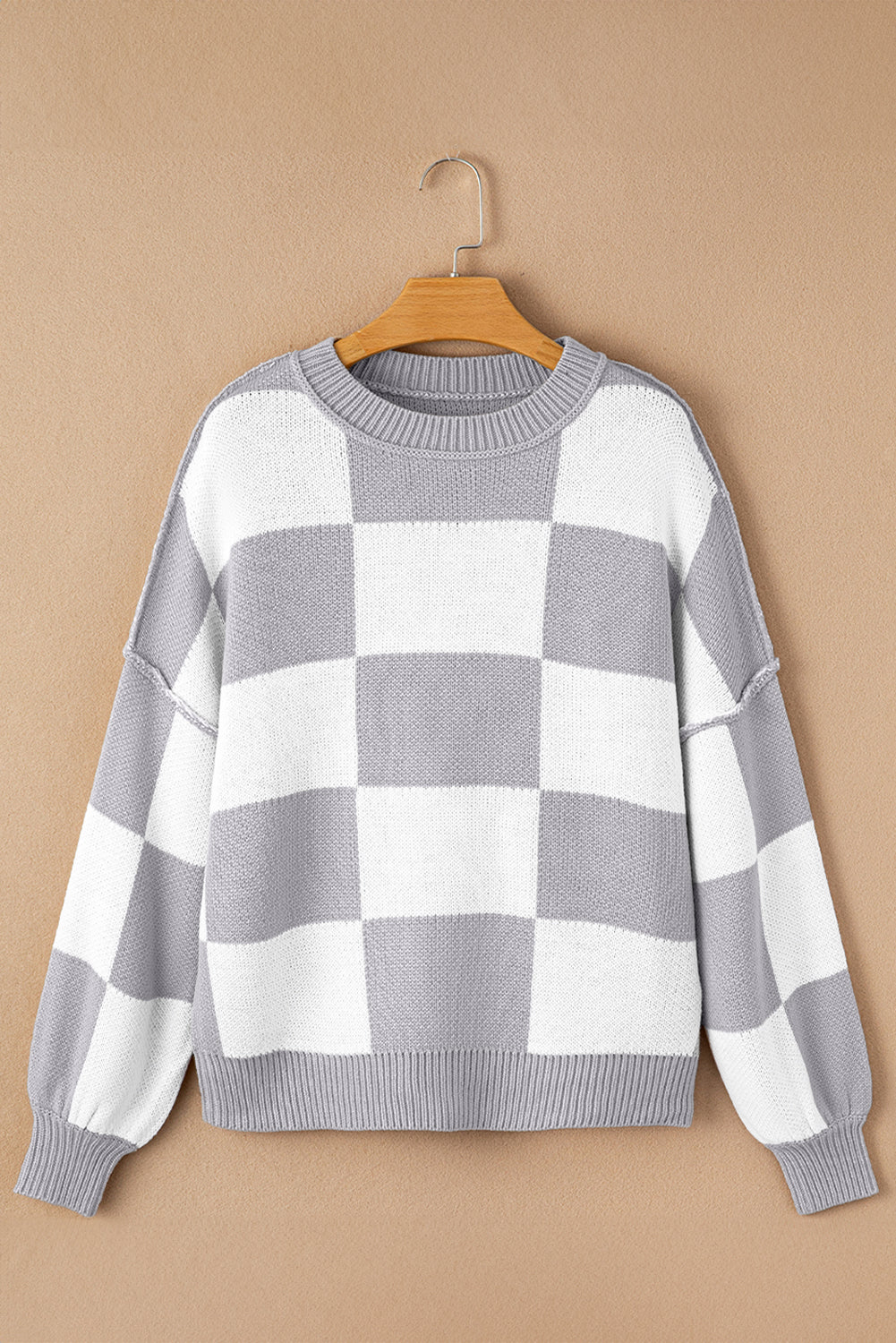 Dark Brown Plaid Bishop Sleeve Pullover Sweater