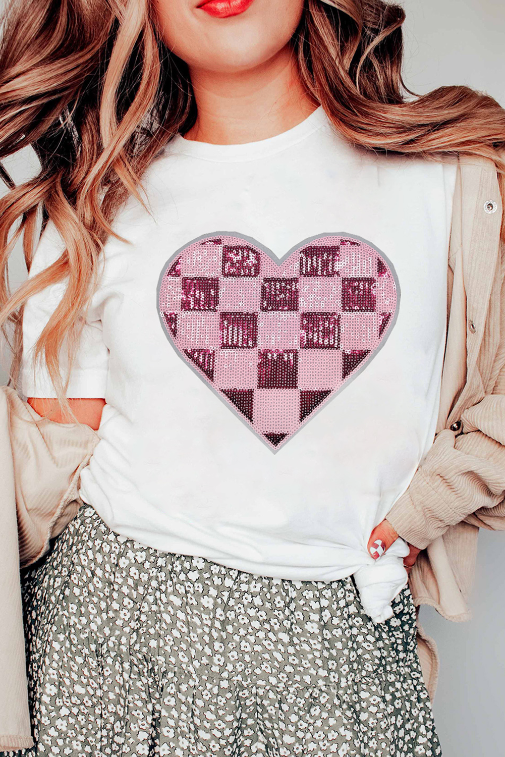 White Checkered Heart Patched Valentines Graphic Tee