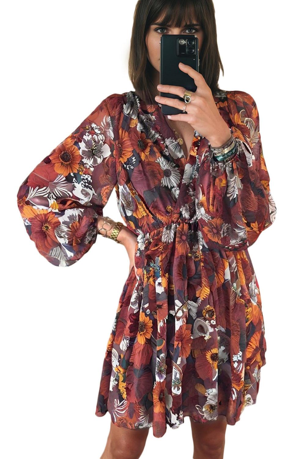 Red Floral Print Wrap V Neck Puff Sleeve Flowy Mini Dress