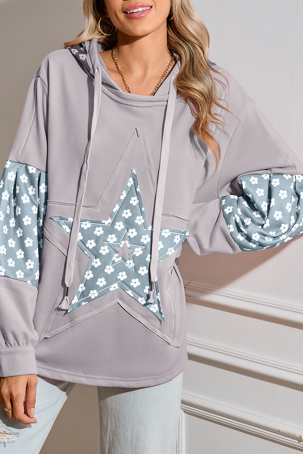 Beau Blue Floral Patchwork Star Pattern Drawstring Hoodie