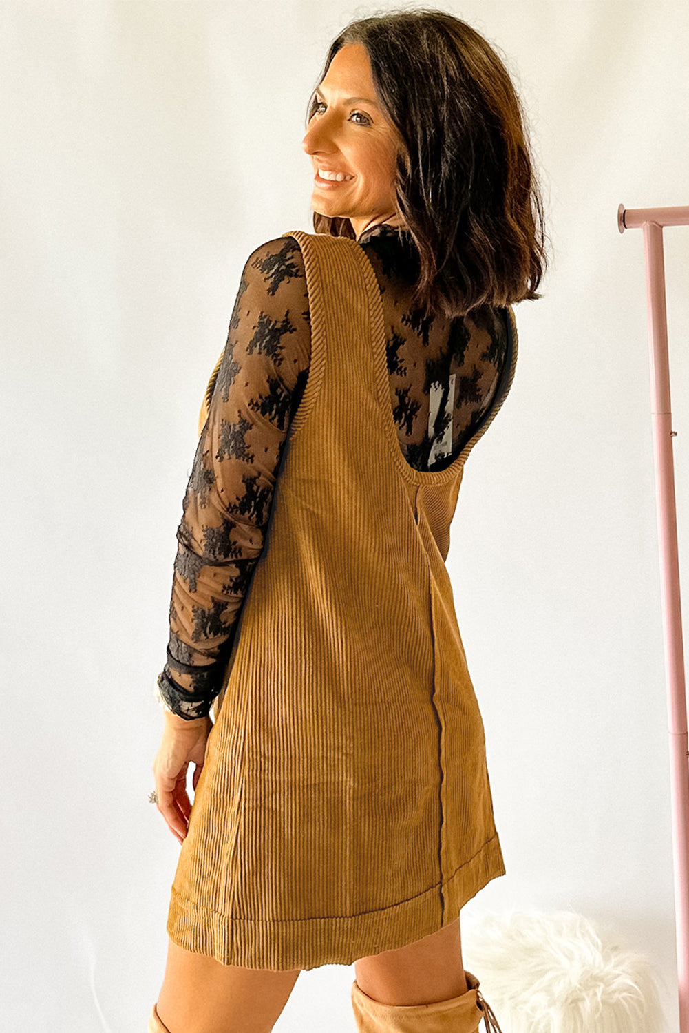 Black Corduroy Exposed Seam Sleeveless Mini Dress