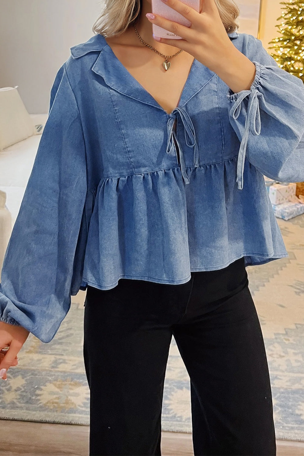 Deidra Blue Denim Lapel Neck Balloon Sleeve Tied Peplum Top